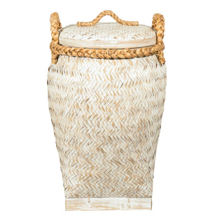 Stylish whitewashed woven bamboo laundry basket with rope lid and handles
