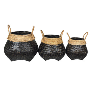 Black kapal urn shaped woven bamboo basket with woven rope detail at the top and rope handles.  Shown in 3 sizes.