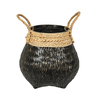 Black kapal urn shaped woven bamboo basket with woven rope detail at the top and rope handles