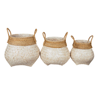 White  kapal urn shaped woven bamboo basket with woven rope detail at the top and rope handles.  Shown in 3 sizes