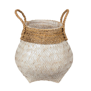White kapal urn shaped woven bamboo basket with woven rope detail at the top and rope handles.  Shown in 3 sizes.