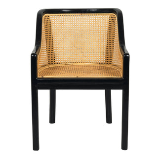 Black teak and woven rattan dining or occasional chair. Rattan on seat and back. classic colonial design