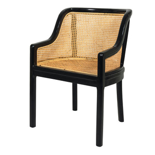 Black teak and woven rattan dining or occasional chair. Rattan on seat and back. classic colonial design