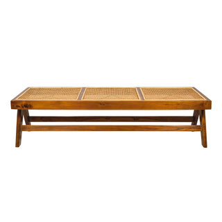 Teak and rattan long bench. Based on the mid century design classic of Pierre Jeanneret