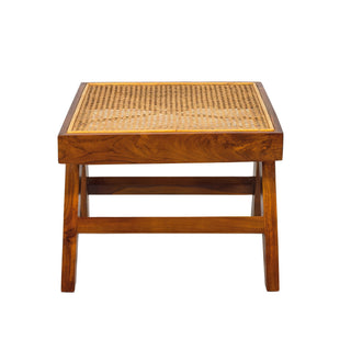 Teak and rattan square side table or stool. Based on the mid century design classic of Pierre Jeanneret